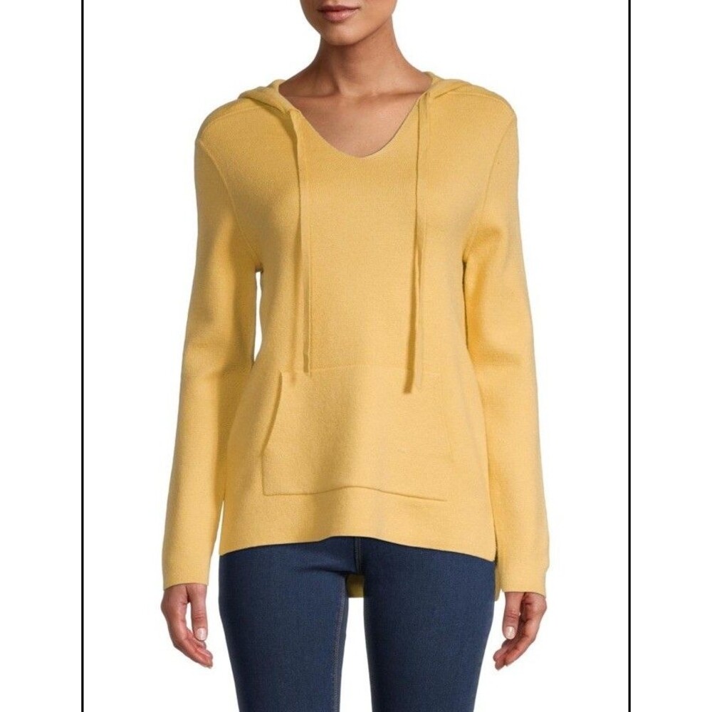 Magaschoni Women’s XL Yellow Knit Hoodie Sweater Pullover Kangaroo Pocket Soft